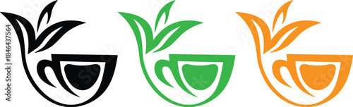 stylized cups with tea leaves in black green and orange vector illustration