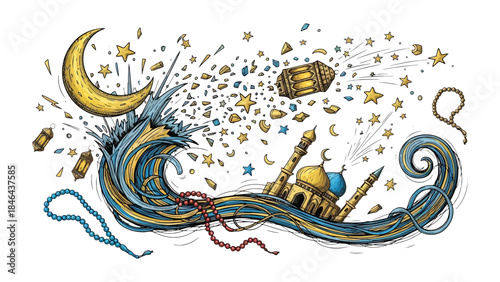 Eid Mubarak Illustration: An artistic illustration features a mosque with a crescent moon, stars, and lanterns, creating a celebratory atmosphere. Capturing the spirit of Ramadan.