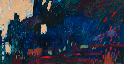 Abstract festive night background with fireworks-like strokes. Dark blue texture with red, gold and green accents. Handmade dry pastel artwork for holiday banners, posters, greeting cards.