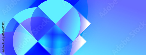 Abstract blue shapes overlap, creating dynamic visual effect. Gradient colors suggest depth, movement, modern design aesthetic.