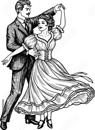 black and white vintage engraving style illustration showing a romantic couple dancing, for book cover, vintage poster, history content, branding with classic theme, etc.