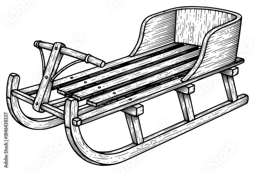 a black and white drawing of a wooden sleigh, black, drawing, illustration, rocking chair, sled, sleigh, wooden, against transparent background