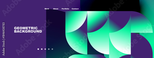 Modern website header design. Vibrant geometric shapes, purple background, navigation menu visible. Clean, professional aesthetic.