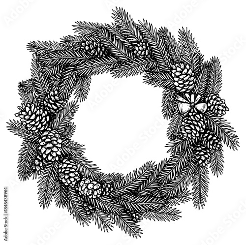 a black and white drawing of a wreath with branches and cones, black, branch, cone, drawing, frame, pine cone, wreath, against transparent background