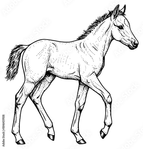 a sketch of a horse walking in black and white ink, black, drawing, foal, horse, illustration, ink, sketch, walk, white, against transparent background