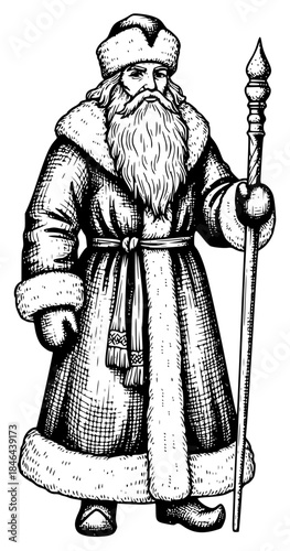 a black and white drawing of an old man with a long beard holding a staff, beard, black, drawing, hand, hold, illustration, long, man, old, robe, staff, against transparent background