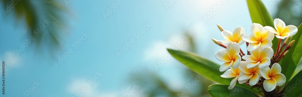 Obraz premium White and yellow plumeria flowers bloom with green leaves against bright blue sky. Gentle sunlight filters through palm fronds on tropical island. Peaceful nature scene.