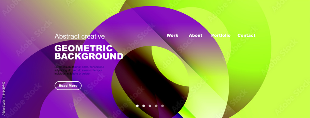 Naklejka premium Abstract vibrant design. Geometric shapes overlap, creating fluid gradients. Text promotes work, portfolio, contact options.