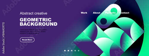 Modern website header design. Vibrant geometric shapes, purple hues, text elements present. Clean layout, professional aesthetic.