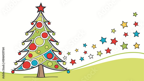 Christmas tree with ornaments and stars isolated on transparent background