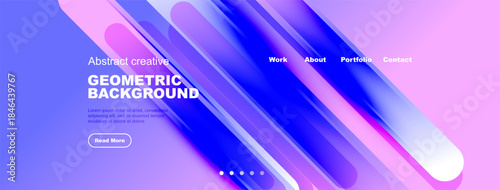 Abstract website design features vibrant blue, pink gradients. Geometric shapes create dynamic visual interest. Text highlights portfolio information.