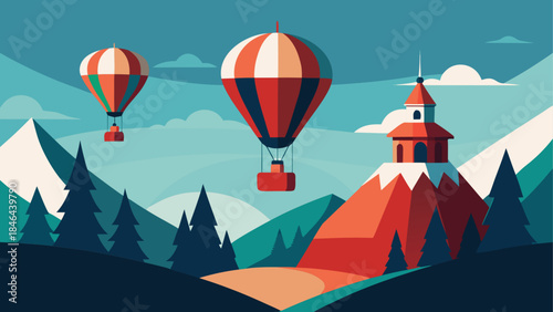 Mountain landscape with hot air balloons isolated on transparent background