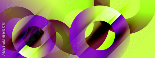 Abstract composition featuring overlapping circles, vibrant colors, dynamic shapes. Green background provides contrast, creating modern visual effect.