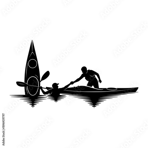 Silhouette of kayaker assisting another capsized person in water.