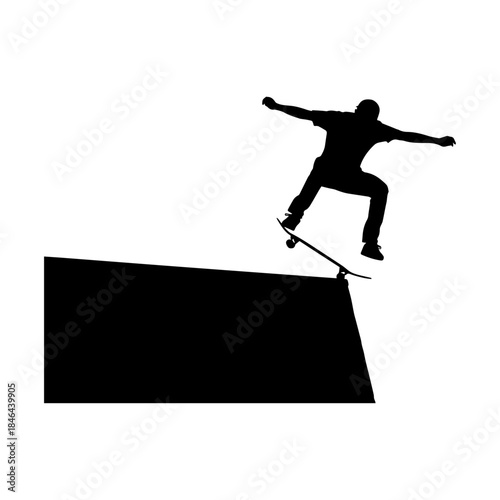 Silhouette of skateboarder performing trick midair on ramp.