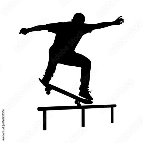 Silhouette of skateboarder performing trick on rail.
