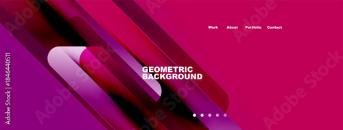 Abstract geometric design features vibrant layers, gradients. Text includes work, about, portfolio, contact. Modern aesthetic.