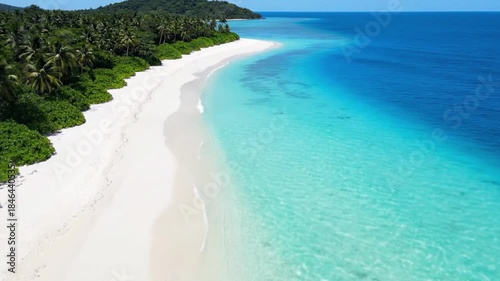 Aerial Drone Flight Over Pristine White Sand Tropical Beach and Turquoise Sea