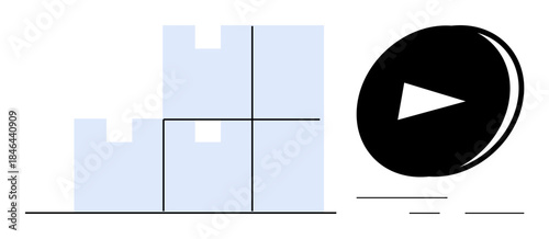 E-commerce logistics, shipping processes, order tracking, inventory management, digital solutions, business automation. Stacked blue boxes and black play button. E-commerce logistics and shipping