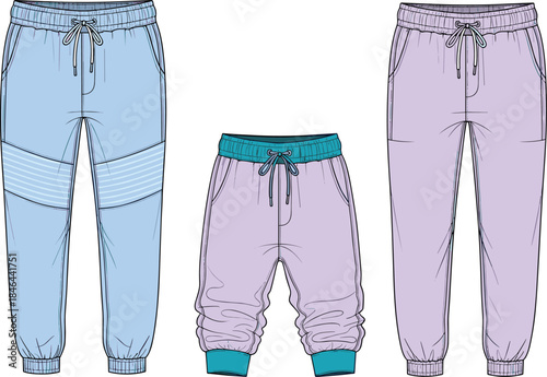 Vector illustration of jogger pants, fashion clothing design, casual wear styles, children joggers, adult joggers, trendy apparel, modern sportswear, stylish trousers