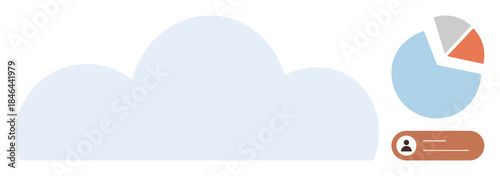 Light blue cloud with a pie chart and user profile card, symbolizing cloud computing, data analysis, and information management. Ideal for technology, analytics, teamwork, storage, networking apps