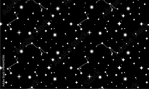 Seamless Night Sky Star Pattern, Astronomical Black and White Space Background with Constellations, Vector Illustration for Fabric, Wallpaper, and Packaging