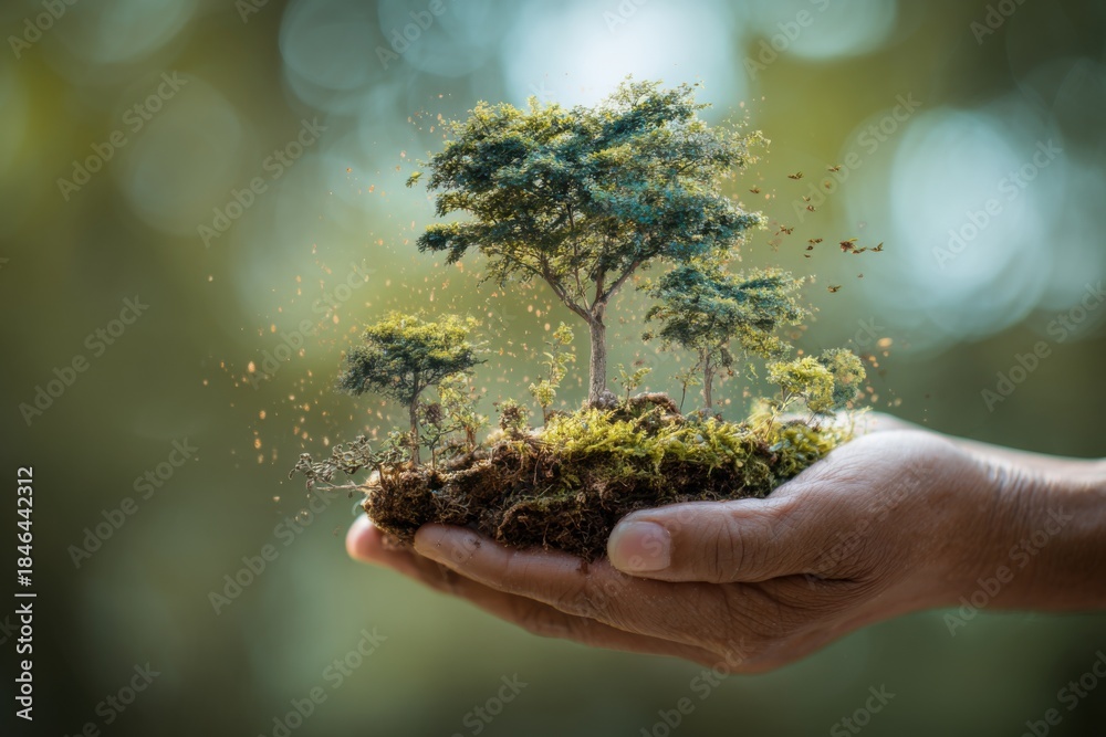 Fototapeta premium Holding the future with seedlings nurtured in palm, surrounded by lush greenery in a bokeh backdrop