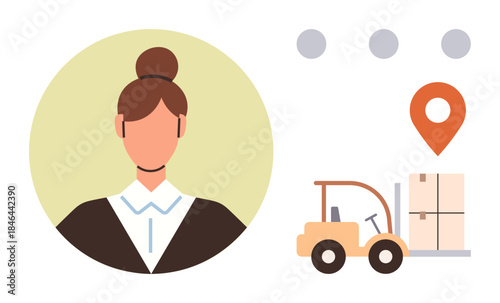 Professional woman portrait, forklift with boxes, location pin. Ideal for logistics, supply chain, management, shipping, delivery warehouse teamwork. Simple flat metaphor