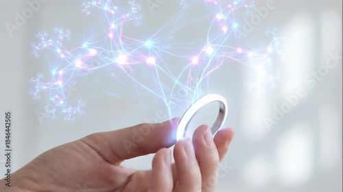 Hand Holding Round Device Emitting Holographic Fractal Graphic