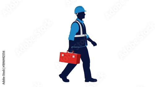 Illustration of a worker in a hard hat and safety vest carrying a toolbox while walking