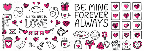 Valentine's Day doodle illustrations with love messages