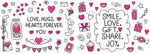 Vibrant Valentine's Day themed doodle illustrations with love messages