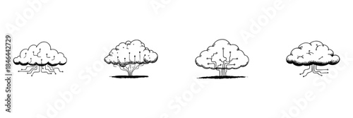 Cloud Computing And Technology Integration Doodle Sketch Set. Digital Connectivity And Data Network Concepts In Hand Drawn Style Collection. Isolated Vector Illustration