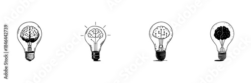 Light Bulb With Brain Doodle Sketch Set. Innovation, Creativity, Idea Generation In Hand Drawn Style Collection. Conceptual Illustration Of Intelligence And Technology. Isolated Vector Illustration