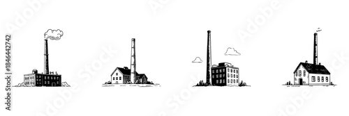 Industrial Factory Buildings Doodle Sketch Set. Manufacturing And Production Facilities In Hand Drawn Style Collection. Vintage Industrial Architecture. Isolated Vector Illustration