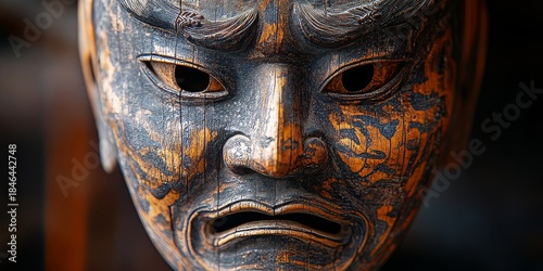 Close up of traditional japanese noh mask expressing anger