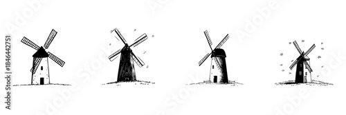 Windmill Doodle Sketch Set. Traditional Wind Energy And Agricultural Heritage In Hand Drawn Style Collection. Vintage Rural Landscape Elements. Isolated Vector Illustration