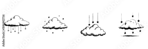 Clouds With Hanging Stars Doodle Sketch Set. Dreamy Night Sky And Celestial Theme In Hand Drawn Style Collection. Whimsical And Imaginative Design. Isolated Vector Illustration