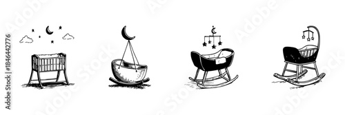 Baby Cradles And Rocking Cribs Doodle Sketch Set. Infant Sleep And Nursery Furniture In Hand Drawn Style Collection. Cozy And Soothing Baby Bed Designs. Hand Drawn Isolated Vector Illustration