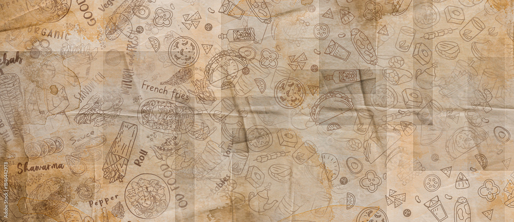 Obraz premium Old food paper background, blank paper texture, dark news print style design with white space for text, food paper background .food paper with old unreadable text. Vintage grunge blurred food 