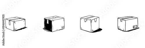 Cardboard Boxes Doodle Sketch Set. Shipping, Packaging, And Delivery Concepts In Hand Drawn Style Collection. Logistics And E-Commerce. Hand Drawn Isolated Vector Illustration