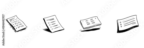 Floating Paper Sheets Doodle Sketch Set. Document Management, Organization, And Information Handling In Hand Drawn Style Collection. Office And Productivity. Isolated Vector Illustration