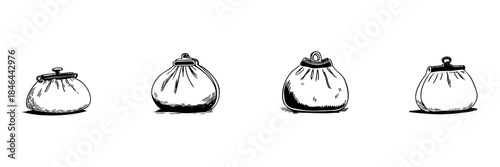 Vintage Coin Purse Doodle Sketch Set. Financial Savings And Money Management In Hand Drawn Style Collection. Retro Style Wallets. Hand Drawn Isolated Vector Illustration