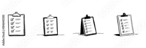 Checklist Clipboard Doodle Sketch Set. Task Management, Organization, And Productivity Enhancement In Hand Drawn Style Collection. Office And Personal Planning. Hand Drawn Isolated Vector Illustration