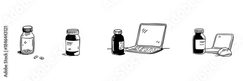 Medicine Bottles And Laptop Doodle Sketch Set. Digital Health, Online Pharmacy, And Telemedicine In Hand Drawn Style Collection. Healthcare Technology And E-Prescription. Isolated Vector Illustration