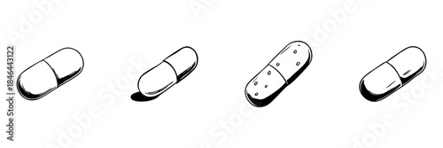 Capsule And Pill Doodle Sketch Set. Pharmaceutical Medicine And Healthcare Illustration In Hand Drawn Style Collection. Medication And Treatment Concept. Isolated Vector Illustration