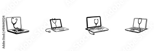 Laptop With Stethoscope Doodle Sketch Set. Telemedicine, Online Healthcare, And Digital Medical Consultation In Hand Drawn Style Collection. Remote Health Services. Isolated Vector Illustration