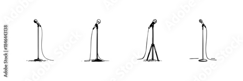 Microphone Stand Doodle Sketch Set. Music Performance, Public Speaking, And Event Presentation In Hand Drawn Style Collection. Artistic Expression And Communication. Isolated Vector Illustration