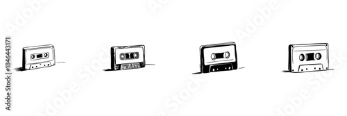 Cassette Tape Doodle Sketch Set. Retro Music Media And Vintage Audio Recording In Hand Drawn Style Collection. Nostalgic Music Format. Hand Drawn Isolated Vector Illustration