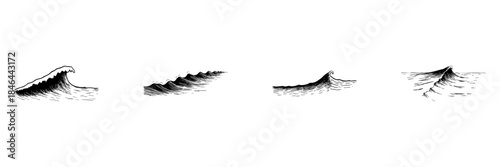 Ocean Waves Doodle Sketch Set. Dynamic Sea Wave Patterns And Marine Movement In Hand Drawn Style Collection. Nautical And Coastal Theme. Isolated Vector Illustration